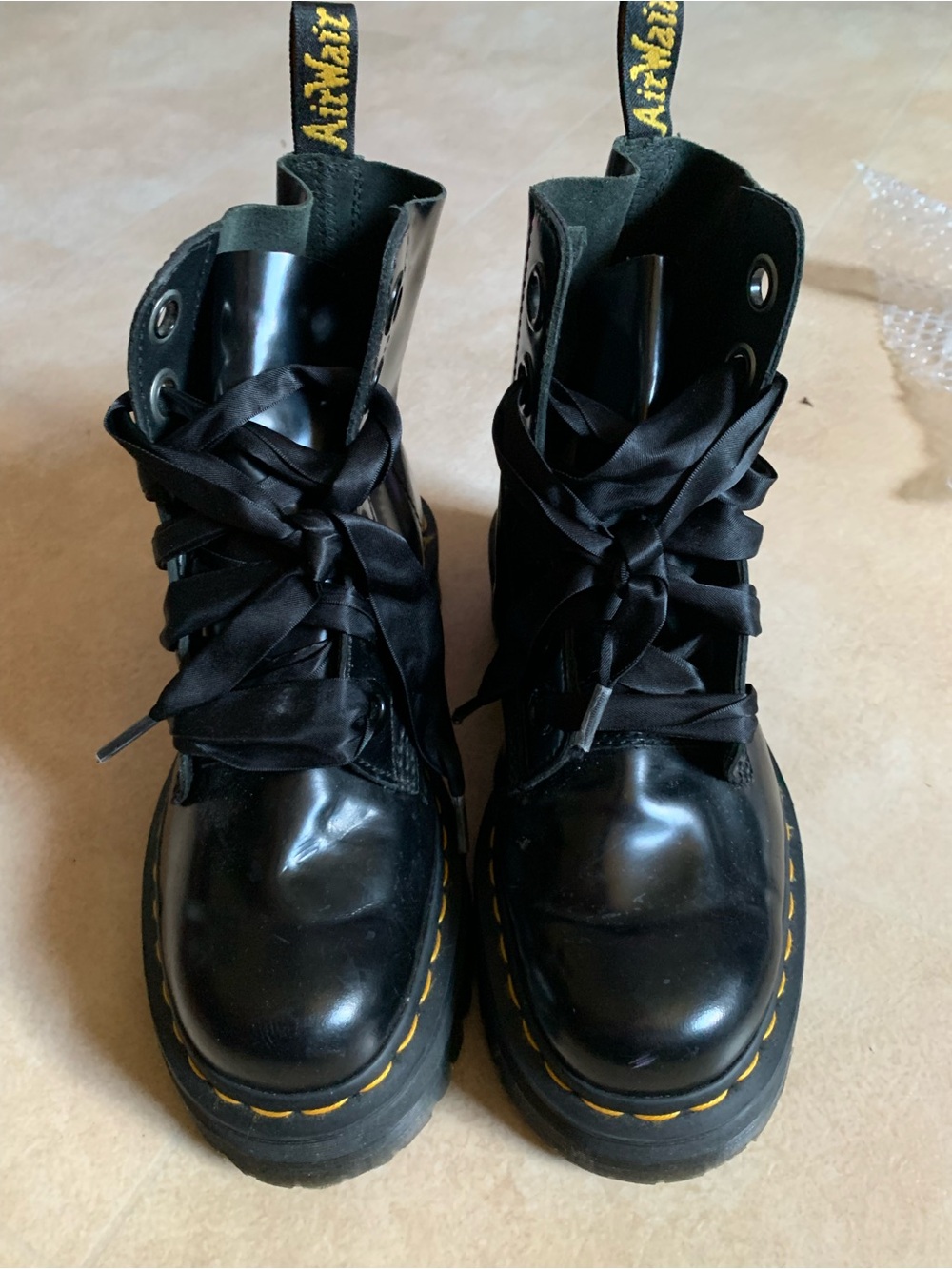 Dr. Martens Black Lace-Up Platform Combat Boots with Yellow Stitching - Picture 2 of 6